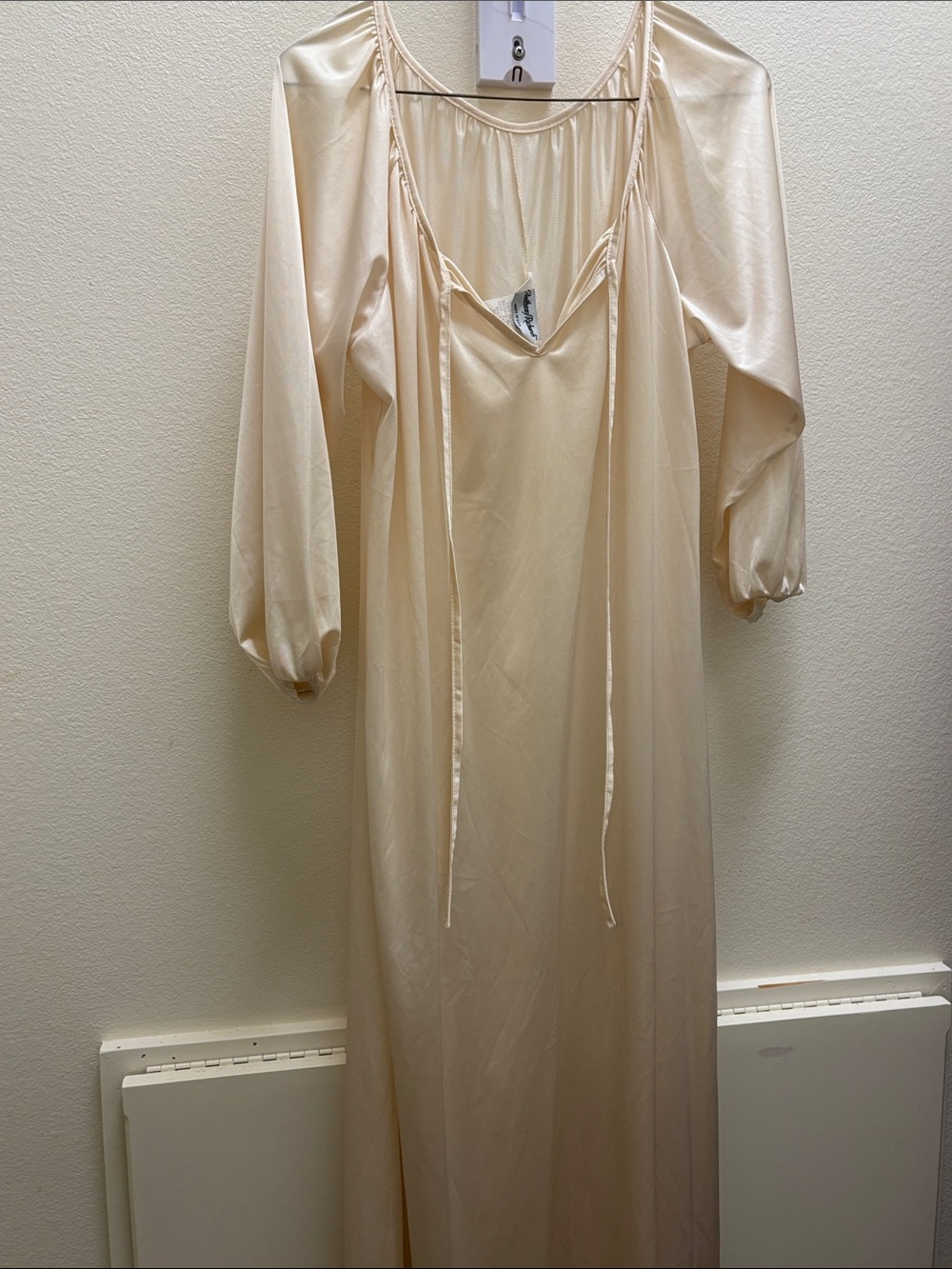 Silky Cream Long Maternity Nightgown with Tie Neck
